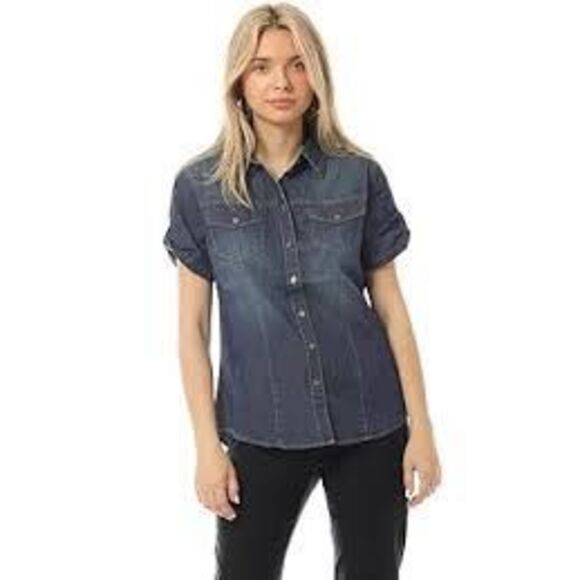 Design by Olivia Women's Cap Sleeve Button Down Denim Chambray Shirt NEEW NWt - Picture 1 of 9